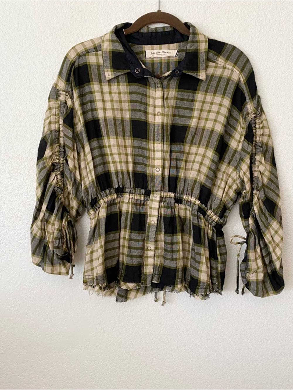 Free People Plaid Button-Up Drawstring Waist Shirt